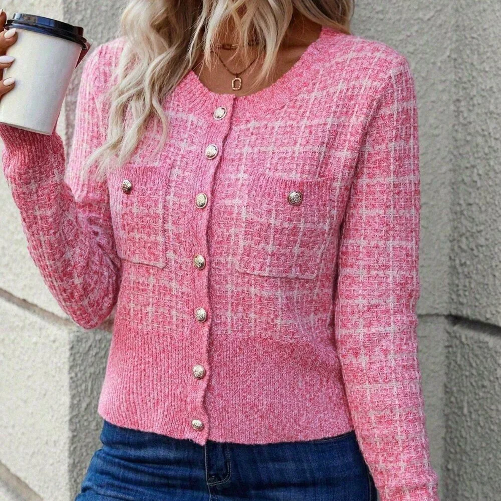 Hot Pink Elegant Women's Button Decor Casual Cardigan
